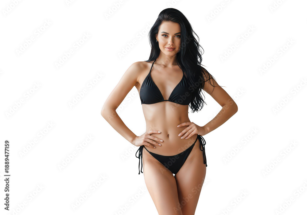 Obraz premium Confident woman in black bikini isolated on transparent background