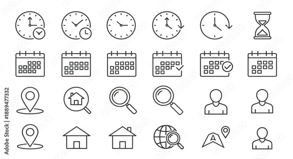 Fototapeta premium A collection of thin line icons depicting time management scheduling location and personal organization concepts