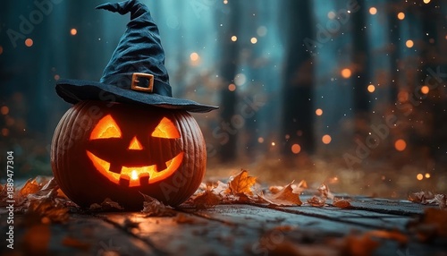 Glowing carved jack-o'-lantern wearing a crooked witch hat on a wooden surface surrounded by autumn leaves in a misty forest, warm playful spooky mood