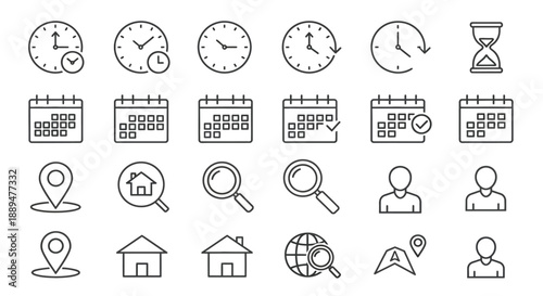 A collection of thin line icons depicting time management scheduling location and personal organization concepts