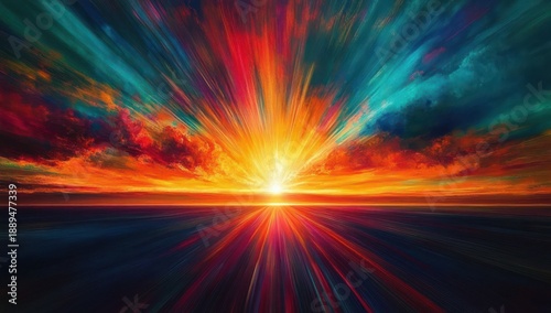 Radiant sunrise over a calm ocean horizon with dramatic multicolored clouds and streaking light rays reflecting across the water, evoking awe and exhilaration