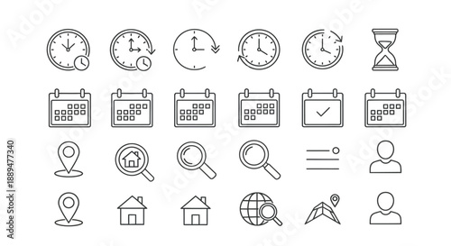 Collection of minimalistic line icons representing time calendars location search and various personal options