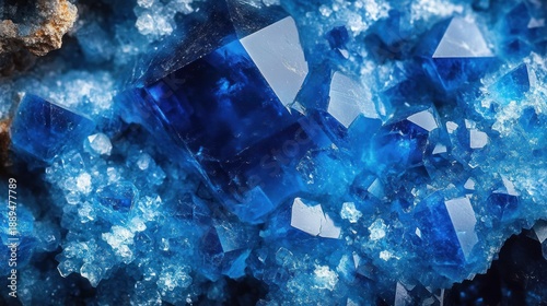 close-up of vibrant deep blue crystalline mineral cluster with sharp geometric facets and sparkling icy texture conveying awe and cool serenity