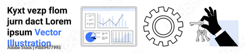 Analytics dashboard with charts, gear symbolizing process, hand holding keys. Ideal for data analysis, automation, production, strategy, teamwork, problem-solving simple landing page