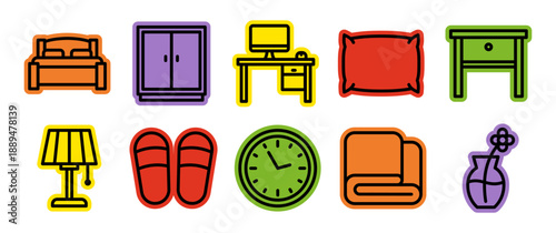 Bedroom furniture set, interior elements scrapbook sticker: hand drawn doodle of bed, wardrobe, desk, pillow, lamp for home decor, apartment, house, indoor, lifestyle, living, cozy