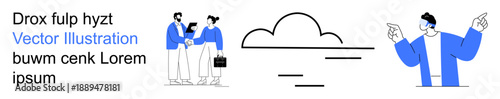 Business teamwork, cloud computing, technology, networking, collaboration, data storage. Two people shaking hands, cloud icon and a communicator gesturing. Business collaboration and cloud computing