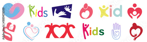 Kids and social charity logo set, nonprofit help and family support symbols, children care and humanitarian identity collection