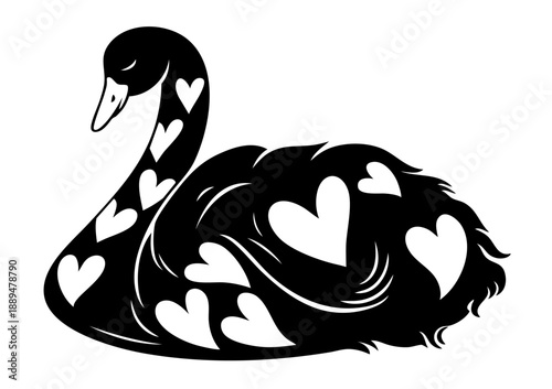 Swan with Heart Pattern. Romantic Valentine Bird, Love Swan Decorated with Hearts