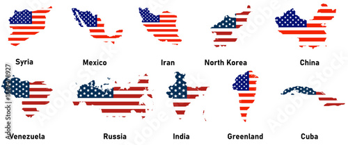 USA flag country silhouettes set, geopolitical tensions and US foreign policy concept, Syria, Mexico, Iran, North Korea, China, Venezuela, Russia, India, Greenland, Cuba