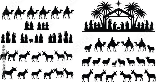 Nativity, silhouettes, Christmas, scene, birth, Jesus, Mary, Joseph, wise, men, shepherds, animals, camels, sheep, manger, Bethlehem, religious, holiday, illustration, set