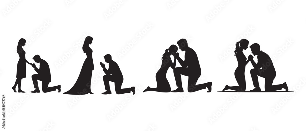 Obraz premium Silhouette Couple Proposal Scenes, Romance and Marriage Icons, isolated on white background.