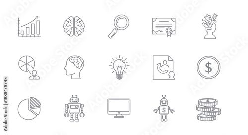 Diverse collection of business technology and analytical icons representing innovative concepts and strategic thinking