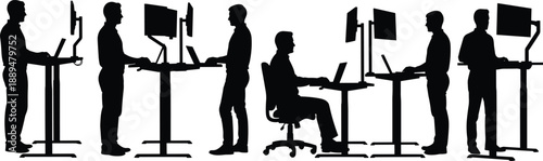 Office standing desk workstation silhouettes business people working computers modern ergonomic workplace technology productivity concept set