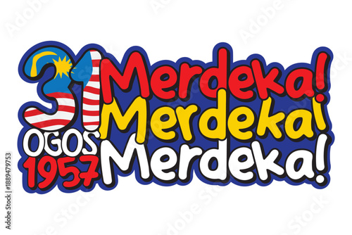 Playful Merdeka typography with repeating Merdeka words and Malaysian flag colors, symbolizing independence, unity, and national celebration.