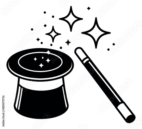 Hand drawn line art illustration of a magician's hat and wand depicting magic with sparkling effects for entertainment events