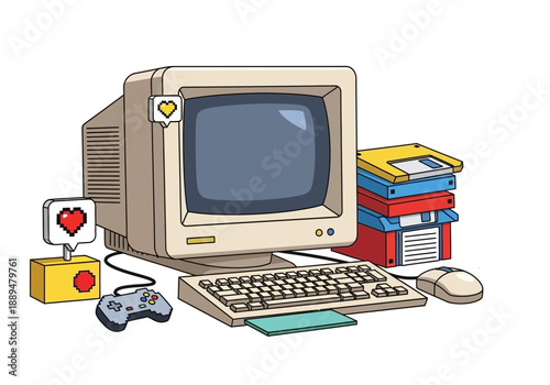 Nostalgic illustration of vintage computer setup with gaming controller and pixel hearts