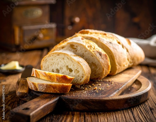 Freshly baked crusty bread sliced on rustic wooden cutting board