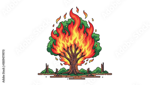 Symbolic illustration of a tree burning, depicting forest wildfire and ecological crisis