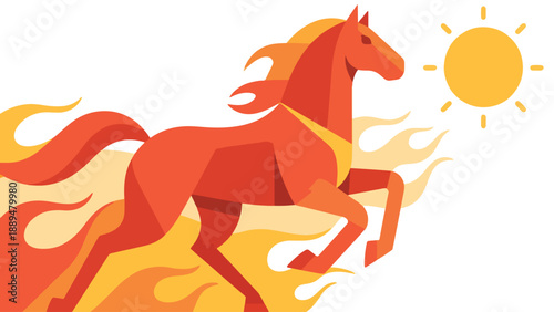 Illustration Of Fire Horse Running Toward Rising Sun, Symbolic Prosperity Theme Vector Design Template