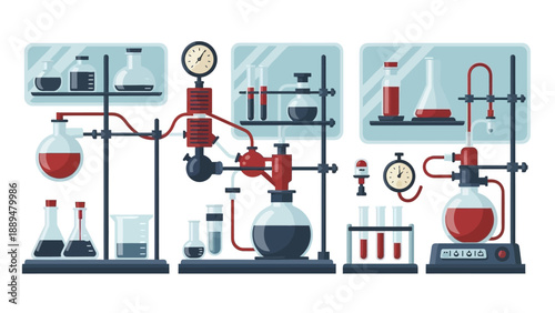 Detailed illustration of complex laboratory setup for scientific experiments and chemical research processes