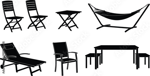 Outdoor furniture silhouette set chairs table hammock lounge bench garden patio elements isolated on white background illustration