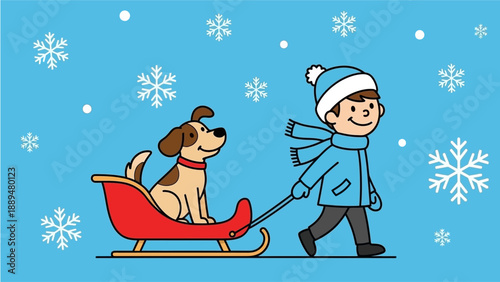 A happy boy in winter clothes pulls his dog in a red sled through falling snowflakes on a blue background.