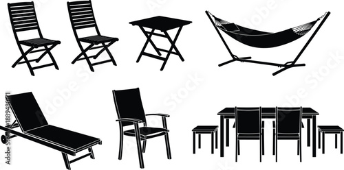 Outdoor furniture silhouettes set, garden chairs table hammock sun lounger patio seating, black home exterior vector illustration isolated