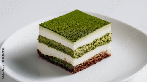 白い皿に盛り付けられた抹茶パウダーが美しい層仕立ての濃厚な抹茶ティラミス