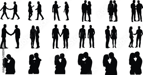 People couple interaction silhouettes collection, men and women talking, holding hands, hugging and kissing poses isolated