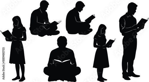 People reading book silhouettes, men and women studying education poses, learning lifestyle icons, black vector human figures, knowledge illustration set