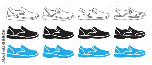 Set of Slip-On Shoes in White, Black, and Blue Variations Isolated on White Background.