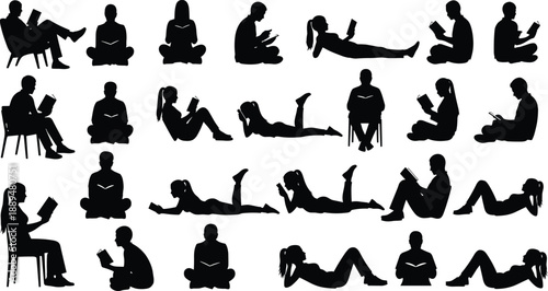 People reading books silhouettes collection, men and women relaxing and studying, sitting lying poses, black vector illustration isolated