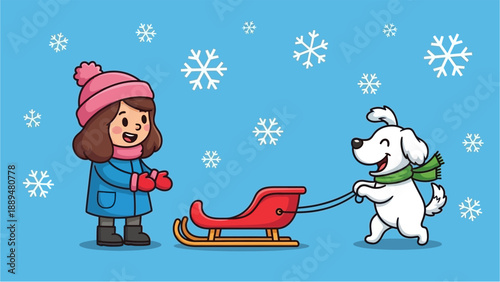 A cheerful cartoon girl and her happy white dog playing with a red sled in a snowy winter scene with falling snowflakes.