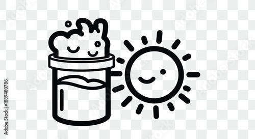 a simple black and white illustration depicts a smiling sun and a jar with liquid and a face