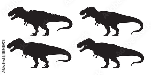Black Tyrannosaurus Rex Silhouettes Isolated on White Background.