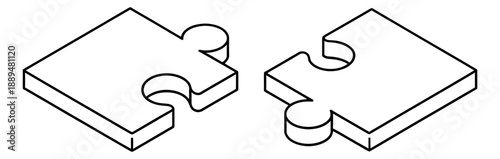 Isometric line art puzzle pieces set featuring two separate elements for problem solving and teamwork