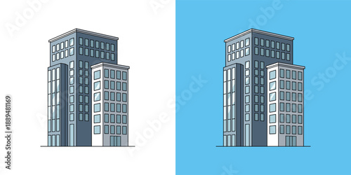 Modern office buildings depicted in a minimalist illustration style against different colored backgrounds from a straight-on viewpoint