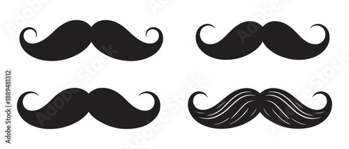 Set of Four Moustache Styles, Various Designs, Isolated on White Background.