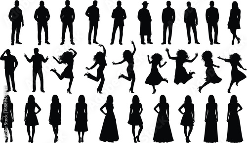 People silhouettes set collection, men and women standing walking and dancing poses, black human figures vector illustration isolated on white