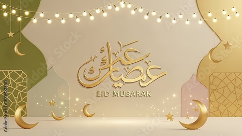 Elegant Eid Mubarak greeting with golden Arabic calligraphy, illuminated string lights, and decorative crescent moons, perfect for festive Islamic holiday celebrations and cultural designs