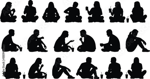 People sitting silhouettes, men and women seated on ground, drinking coffee, casual poses, social interaction, minimal black vector illustration