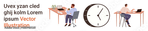 Remote work, time management, productivity, workplace organization, project deadlines, teamwork. Two people working at desks with a clock in the center. Remote work and time management concept