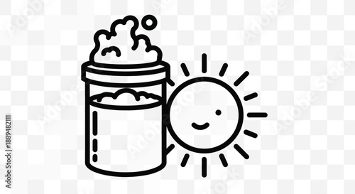a simple black and white illustration depicts a smiling sun and a container with liquid and clouds