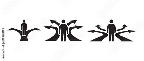 Person at Crossroads with Multiple Directional Arrows, Isolated on White Background.