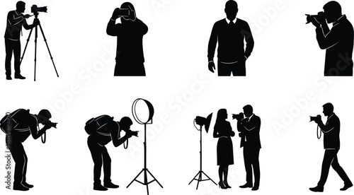 Photographer silhouettes collection, professional camera shooting poses, studio photography people icons, black photographer illustration set
