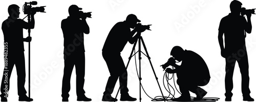 Photographer silhouettes, professional cameraman shooting photos, camera tripod poses, media photography people, black photographer illustration