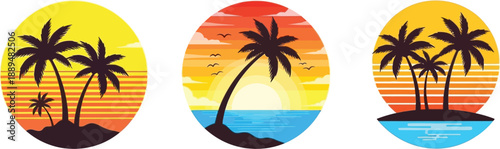 A vibrant tropical sunset scene with palm trees and ocean views