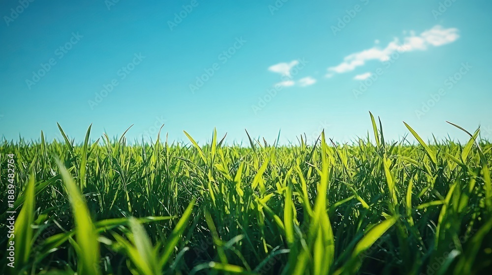 Obraz premium Close-up view of green grass blades under a clear blue sky with a few white clouds, evoking a fresh and peaceful outdoor atmosphere