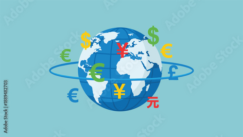 Global Currency Exchange Rates Floating Around the World in a Digital Illustration