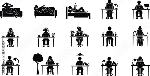 Remote work lifestyle silhouettes set, people working relaxing at home office, laptop desk scenes, freelance daily routine illustration
